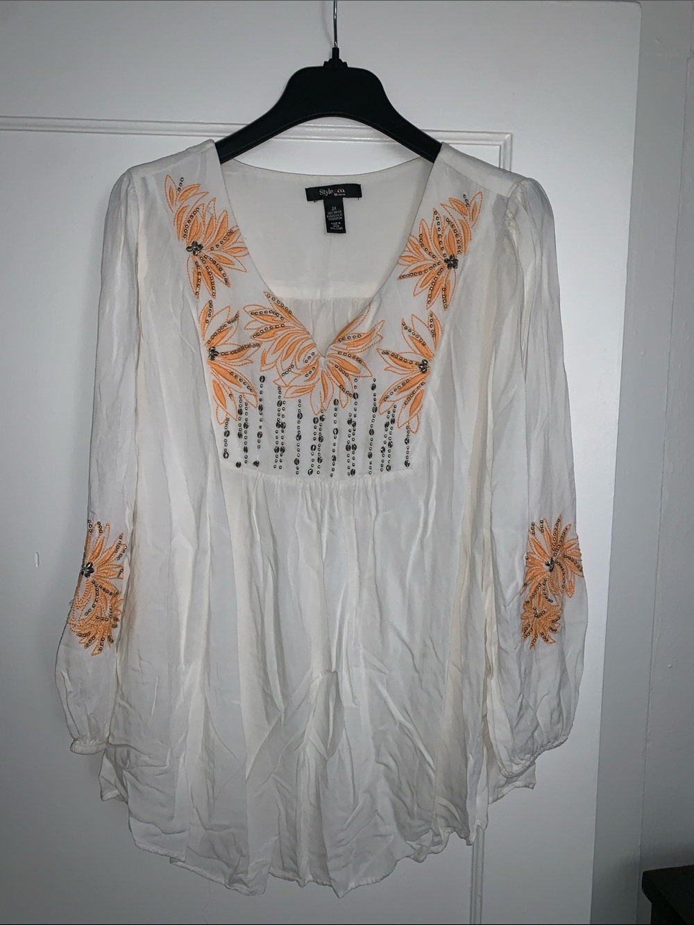 Style & Co. White Tunic Blouse with Orange Floral Embroidery